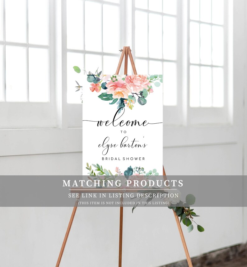 May include: A welcome sign for a bridal shower with a floral design in shades of pink, green, and blue. The sign reads "Welcome to Elyse Barton's Bridal Shower".