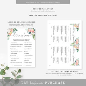 May include: Printable literary loves game with a floral design. The game features a list of famous literary couples and their corresponding books. The game is designed to be printed at home or at a print shop.