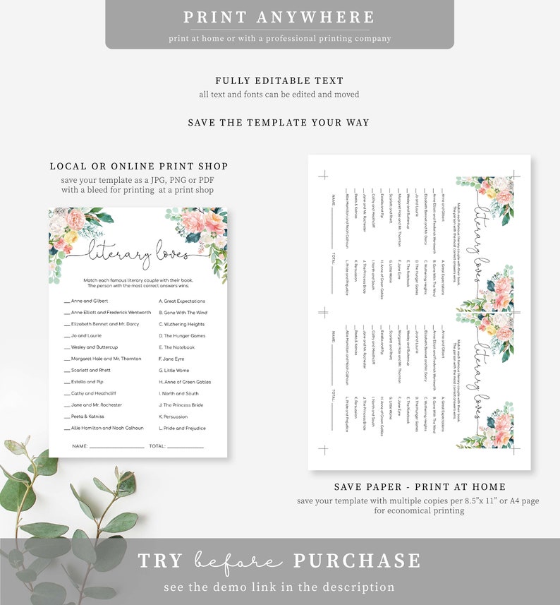 May include: Printable literary loves game with a floral design. The game features a list of famous literary couples and their corresponding books. The game is designed to be printed at home or at a print shop.