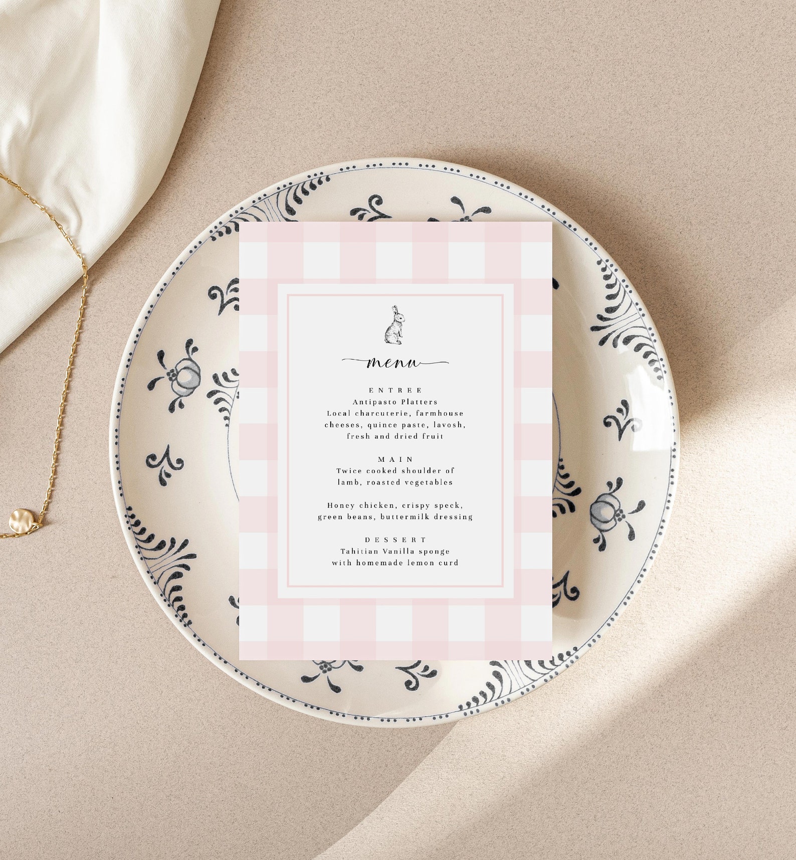 Pink Gingham Bunny Menu Card, Bunny Rabbit Baby Shower Menu, Printable ...