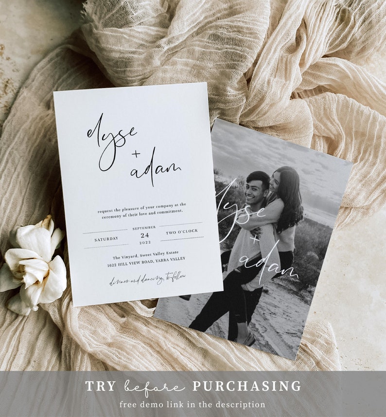 Modern Minimal Wedding Invitation Suite – Printable Editable Wedding Invitation Template – RSVP Postcard – DIY Wedding – Gigi Script