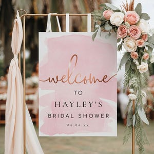 Pink Watercolour Rose Gold Welcome Sign, Printable Bridal and Baby Shower Welcome Sign, DIY Wedding Welcome Sign