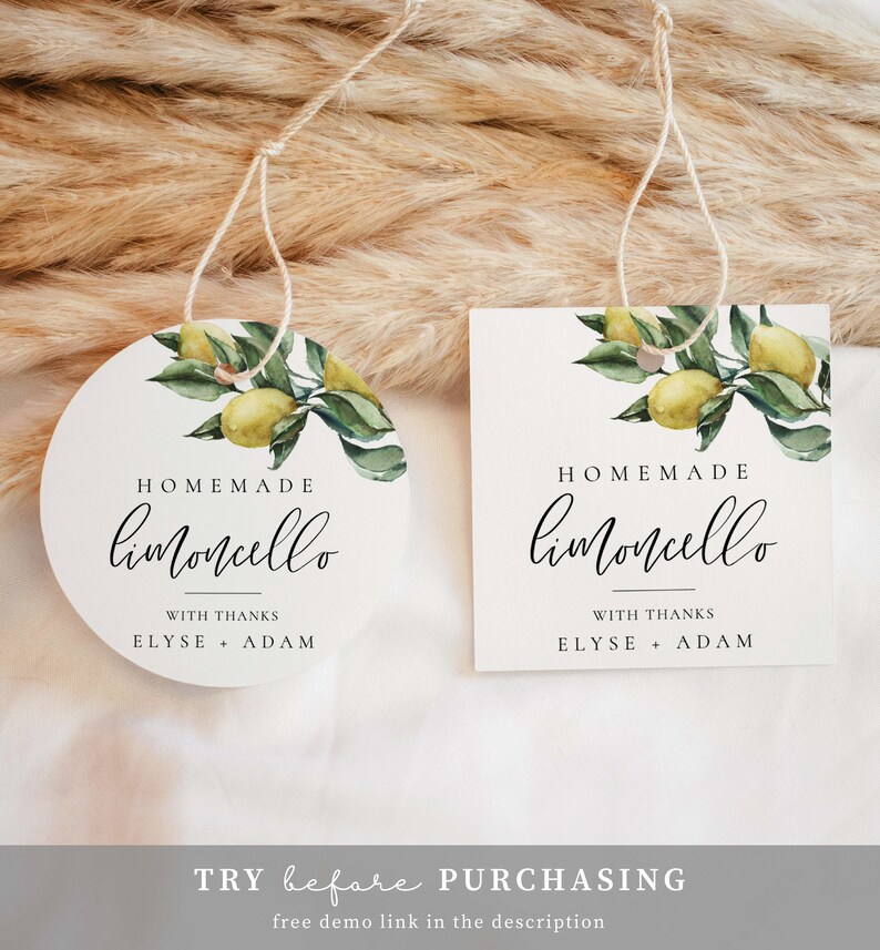 May include: Two round gift tags with a watercolor illustration of a lemon tree branch with lemons. The text on the tags reads "HOMEMADE limoncello WITH THANKS ELYSE + ADAM".