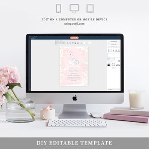 Puede incluir: Una invitaci&oacute;n de baby shower rosa y dorada con una ilustraci&oacute;n de cisne blanco y detalles florales. El texto dice "Es una Baby Shower" y "Evelyn Williams".