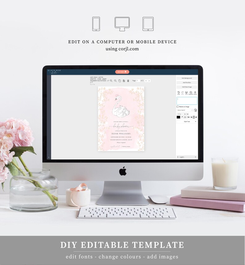 Puede incluir: Una invitaci&oacute;n de baby shower rosa y dorada con una ilustraci&oacute;n de cisne blanco y detalles florales. El texto dice "Es una Baby Shower" y "Evelyn Williams".