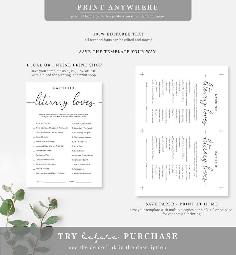 Literary Loves Game, Modern Minimalist Bridal Shower Book Characters Game, Famous Historical Couples Game, Literary Couples Quiz, Quinn