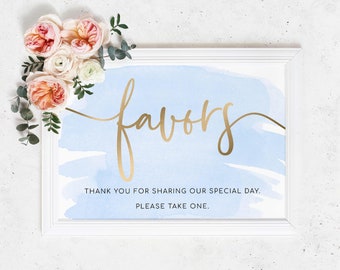 Favors Sign - Blue Watercolour - Favours Sign - Gold Foil - Bridal and Baby Shower Sign - Wedding Favors Sign