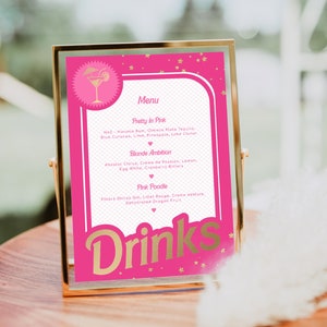 Enseigne modifiable de menu de boissons, menu cocktail EVJF, menu boissons pour fête d'anniversaire, feuille d'or rose vif, menu nourriture, EVJF avec poupée