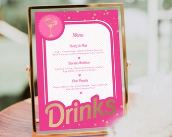 Bearbeitbares Getränkemenü-Schild, Hens Party Cocktailmenü, Geburtstagsfeier-Getränkekarte, Pink Gold Folie, Lebensmittelkarte, Junggesellinnenabschied