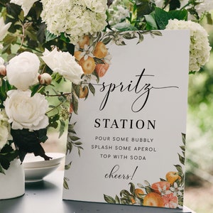 Spritz Station Schild, druckbares orangefarbenes Spritz-Cocktailschild, italienische Orangen, Hochzeit-Cocktailbarschild, charakteristisches Getränkeschild, Clementine