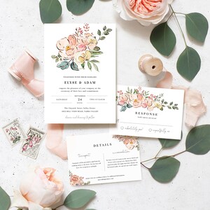 Vintage Blumenhochzeits-Einladungsfolge - Druckbare bearbeitbare Hochzeitseinladungsvorlage - U.S.P. Postkarte - DIY-Hochzeit - Camebor Floral