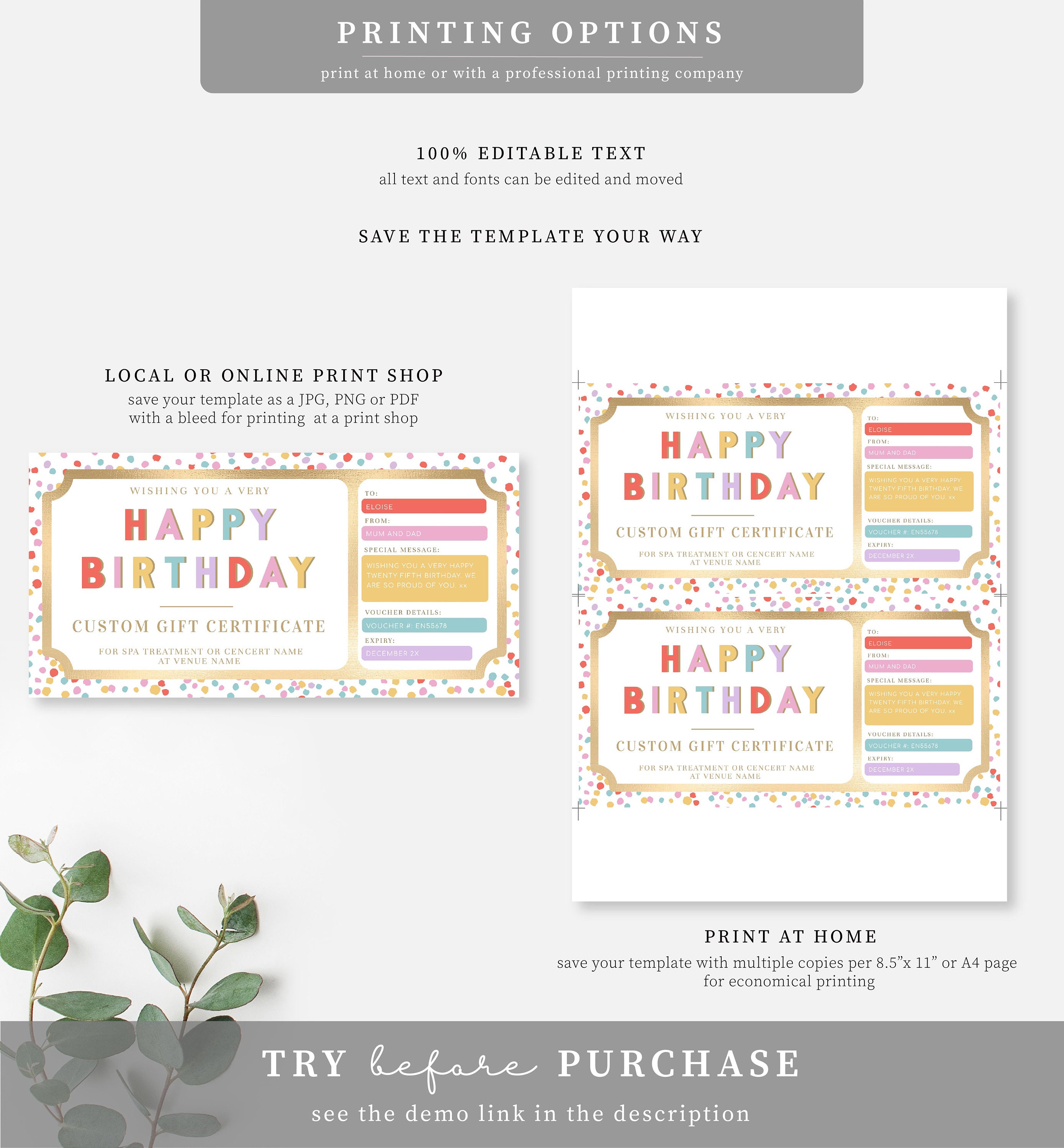 Happy Birthday Custom Gift Voucher Template Printable - Etsy UK