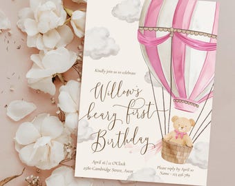 Teddy Bear Hot Air Balloon Girl 1st Birthday Invitation (Printable Template), Beary First