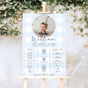 Tablero de hitos del bebé imprimible, cuadros vichy azules, póster del primer año del bebé, pancarta con foto del hito del primer cumpleaños de los 12 meses