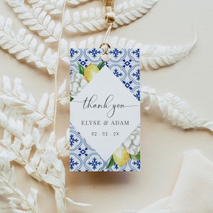 Etiquetas imprimibles de agradecimiento con azulejos azules mediterráneos, etiquetas de agradecimiento para despedida de soltera con limones italianos, etiquetas de recuerdo de boda, The Med
