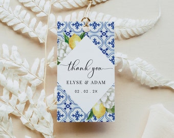 Printable Mediterranean Blue Tile Thank You Favor Tags, Italian Lemons Bridal Shower Thank You Tags, Wedding Favor Tags, The Med