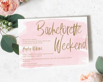 Pink and Gold Bachelorette Weekend Party Invitation - Gold Foil - Hens Party Invite - Bridal Shower Invite - Pink Watercolor