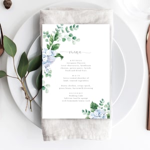 Bearbeitbares Menü - Blaue Hortensie Hochzeit Abendmenü - Druckbares Menü für Junge Babyparty Langes Menü - Empfang Abendmenü - Ferras Blossom