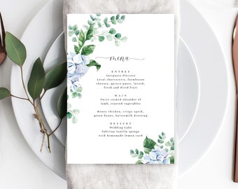 Editable Menu - Blue Hydrangea Wedding Dinner Menu - Printable Boy Baby Shower Long Menu - Reception Dinner Menu - Ferras Blossom