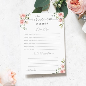 Druckbare Ruhestand Wunschvorlage, Blush Floral Ruhestand Andenken, Bucket List Ideen Karte, Ruhestand Ratschläge und Wunschkarte Darcy Pink