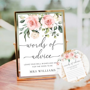 Mots imprimables de carte de conseils et signe, Blush Floral Baby Shower Game, Jeu de douche nuptiale, Conseils de douche de mariage, Conseils aux nouveaux mariés, Darcy