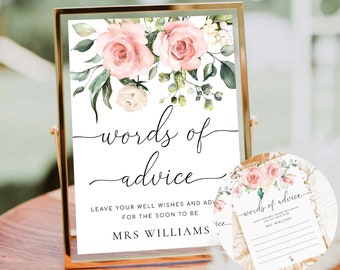 Printable Words of Advice Card and Sign, Blush Floral Baby Shower Game, Bridal Shower Game, Wedding Shower Advice, Newlyweds Advice, Darcy