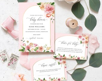 Baby Shower Invitation, Book Request and Raffle Ticket, Blush Floral Girl Baby Shower Invite, Spring Floral Baby Party Invite, Quinn Floral