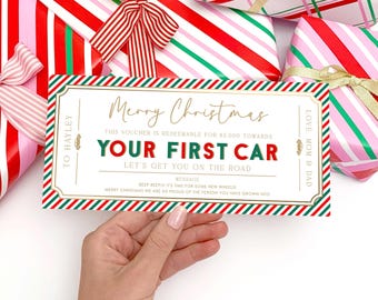 First Car Gift Voucher, Printable Christmas Money Gift, Editable Certificate Template, Red Green Stripe