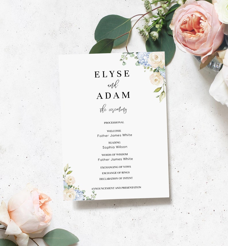 Printable Wedding Program Template, White Rose, Editable Wedding ...