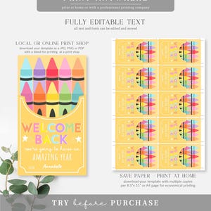May include: A yellow printable welcome back card with a crayon box design. The card reads "WELCOME BACK" and "We're going to have an AMAZING YEAR". Includes multiple copies of the card for printing. The text "PRINT ANYWHERE" is at the top.