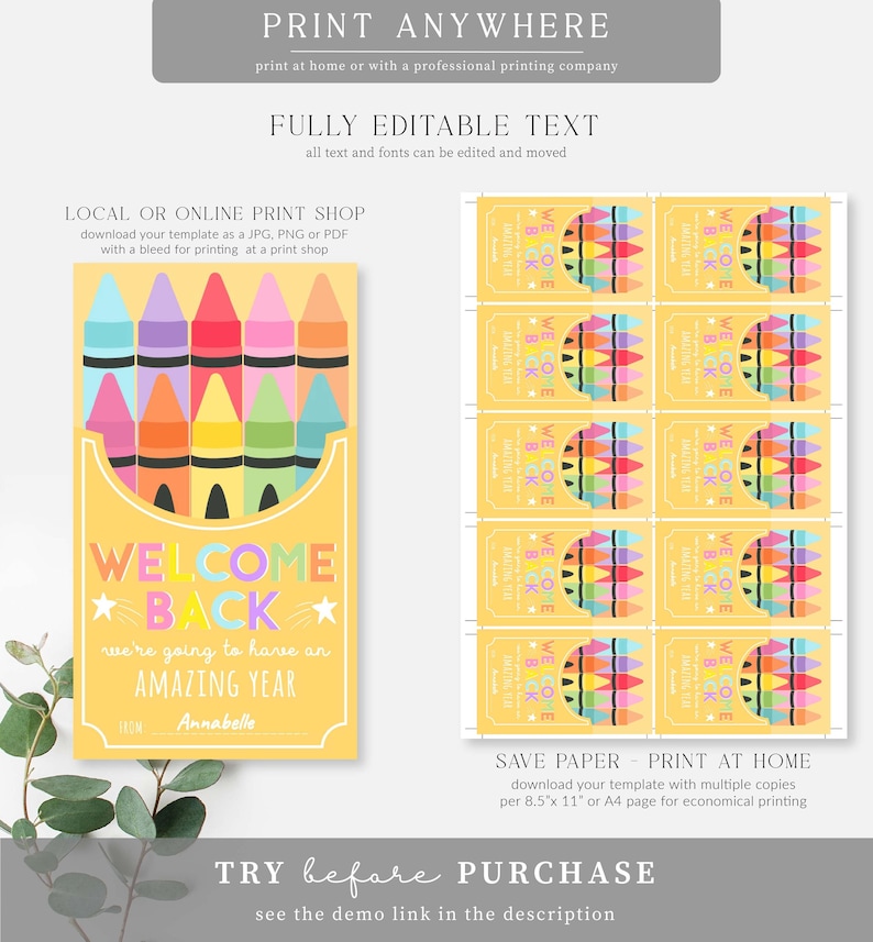 May include: A yellow printable welcome back card with a crayon box design. The card reads "WELCOME BACK" and "We're going to have an AMAZING YEAR". Includes multiple copies of the card for printing. The text "PRINT ANYWHERE" is at the top.