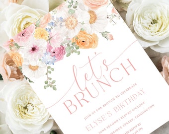 May include: A white invitation card with the text "let's BRUNCH" in pink script, adorned with a floral arrangement of pink, peach, and white flowers. The card includes details for a birthday brunch.