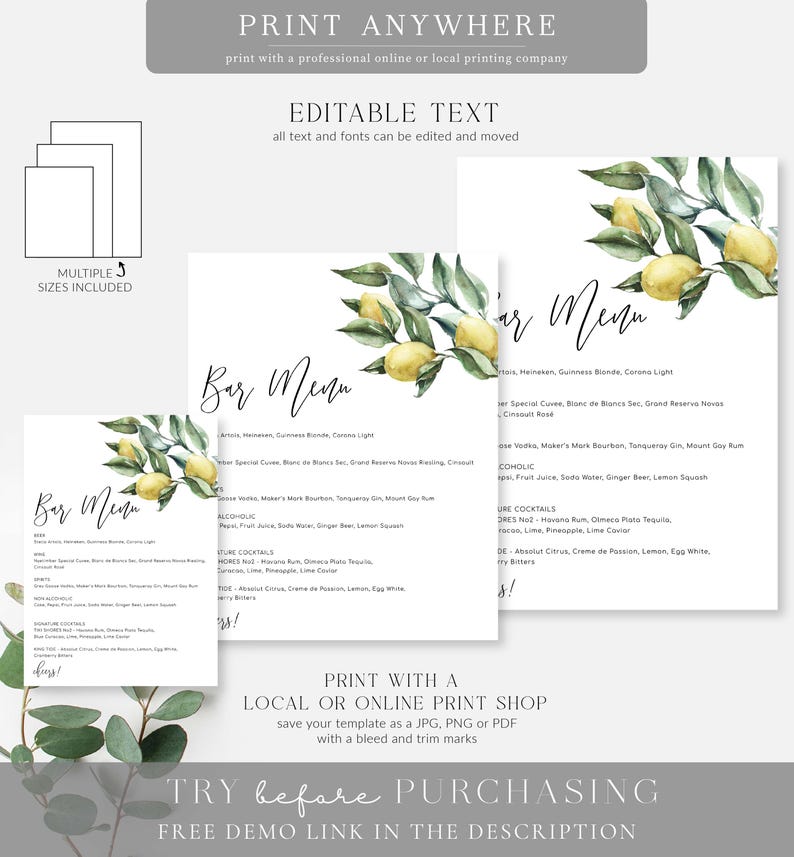 Lemon Bar Menu Sign – Editable Wedding Drinks Menu (Printable), Tuscan Floral image 7