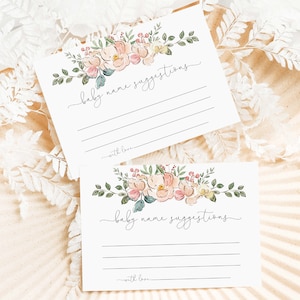 Carte de suggestions de noms de bébé et modèle imprimable de signe, floral vintage, jeu d'idées de noms de bébé, jeu imprimable de baby shower neutre entre les sexes