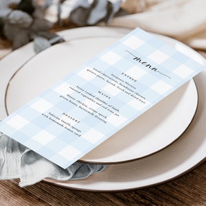 Modèle de menu Blue Gingham, menu de table de douche de bébé bleu, menu barbecue pour bébé modifiable imprimable, barbecue de douche de bébé garçon, douche de bébé pique-nique