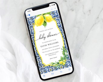 Digital Baby Shower Smartphone Invitation - Text Message Positano Blue Tile Lemons Baby Shower Invitation Template - Evite - Italian Lemons