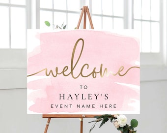 Pink and Gold Welcome Sign, Bridal Shower Welcome Sign, Printable Wedding Welcome Sign, Girl Baby Shower Sign, Engagement Sign, Watercolour