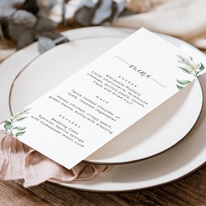 Druckbare Menü-Vorlage, Modernes Minimalistisches Hochzeits-Menü, Grünes Laub Hochzeit Abendkarte, Gedämpftes Grün