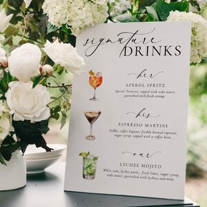 Signature His, Her, Our Drinks Menu Sign, Printable Wedding Signature Cocktail Sign, Minimalist Wedding, Cocktail Bar Cart Sign, Ellesmere