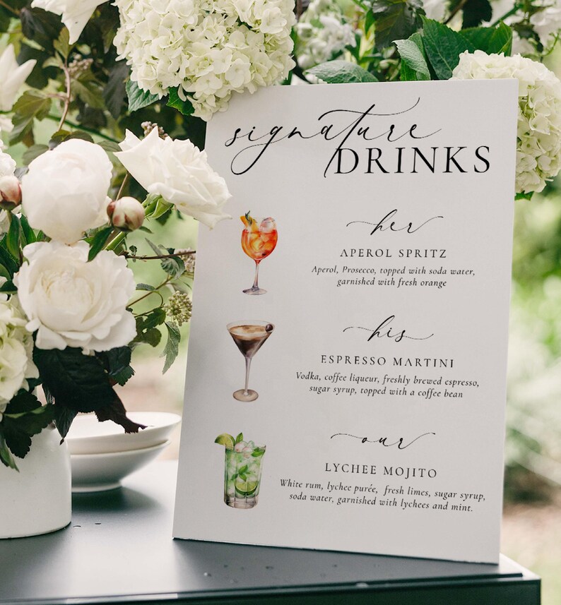 Signature His, Her, Our Drinks Menu Sign, Printable Wedding Signature Cocktail Sign, Minimalist Wedding, Cocktail Bar Cart Sign, Ellesmere