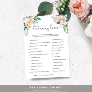 May include: A printable game card with a floral design and the text "literary loves". The card features a list of famous literary couples and their corresponding books. Players must match the couples with their books.