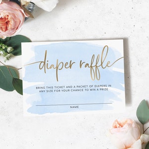 Blaue Baby-Dusche-Windel-Verlosung und Schild - Goldfolie - Baby-Dusche-Windel-Verlosung - Baby-Dusche-Spiel - Aquarell