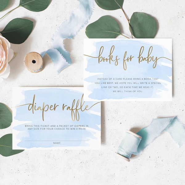 Books For Baby and Diaper Raffle Ticket Bundle - Blue Baby Shower Nappy Raffle - Gold Foil - Baby Boy Shower Book Request Card - Watercolour