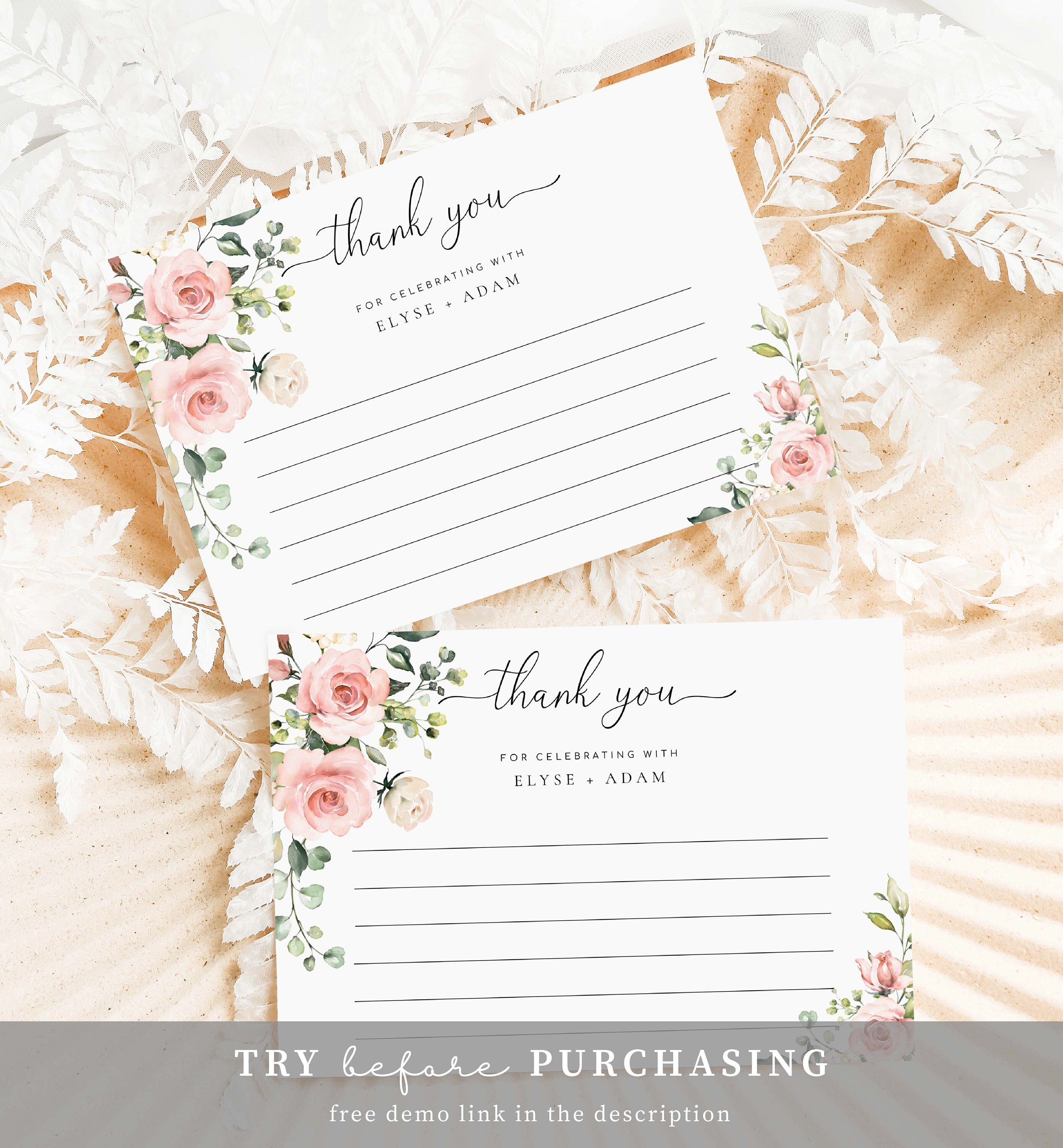 Blush Floral Thank You Card Printable Template, Darcy Pink - Etsy