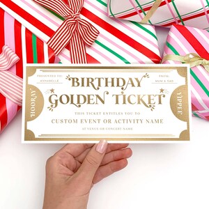 Geburtstag Golden Ticket benutzerdefinierte Geschenkgutschein Vorlage, Geburtstag Geschenkgutschein, Unisex Geburtstag druckbare Geschenkgutschein, Margo