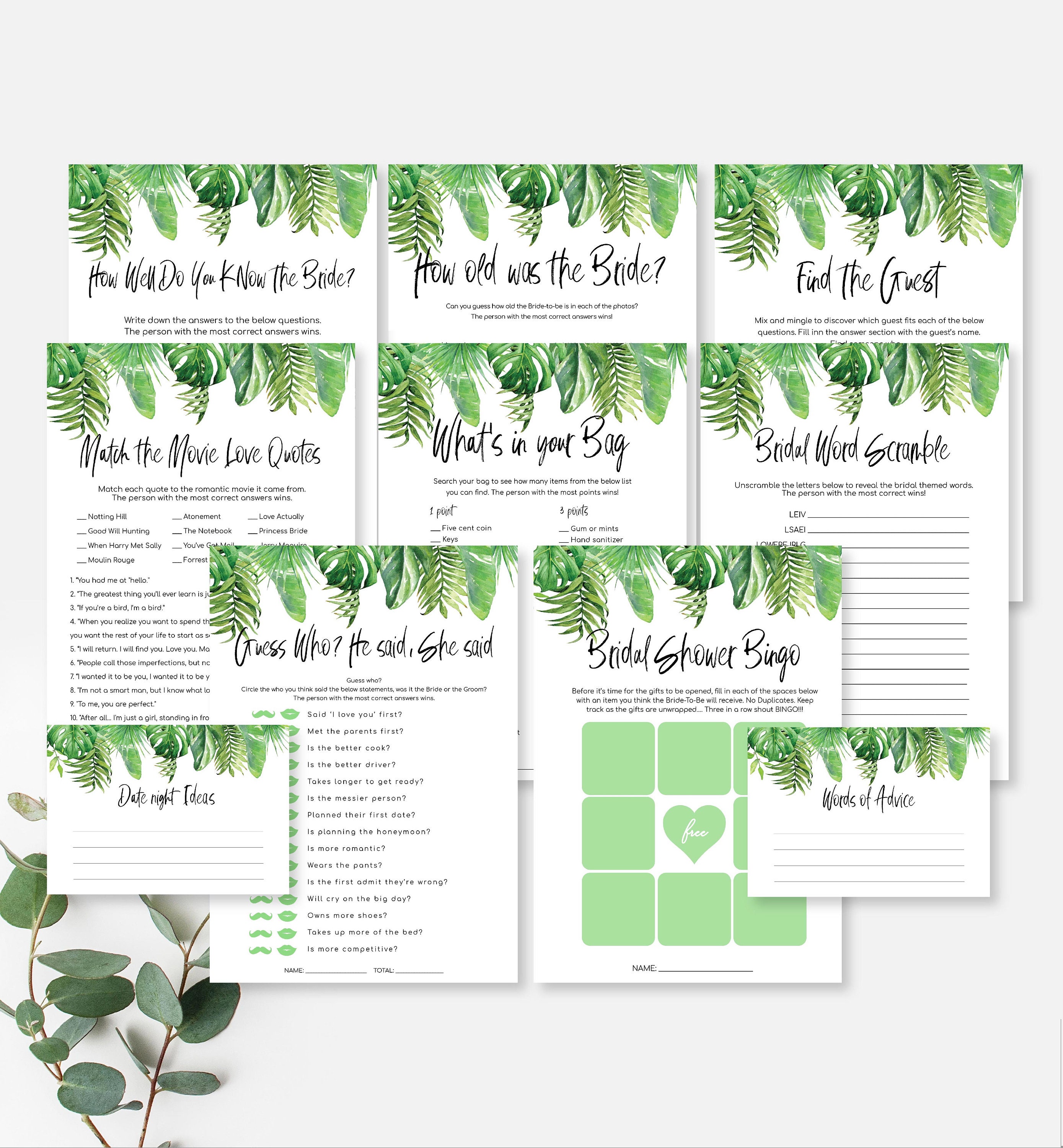 bridal shower games bundle pack printable tropical hen s etsy