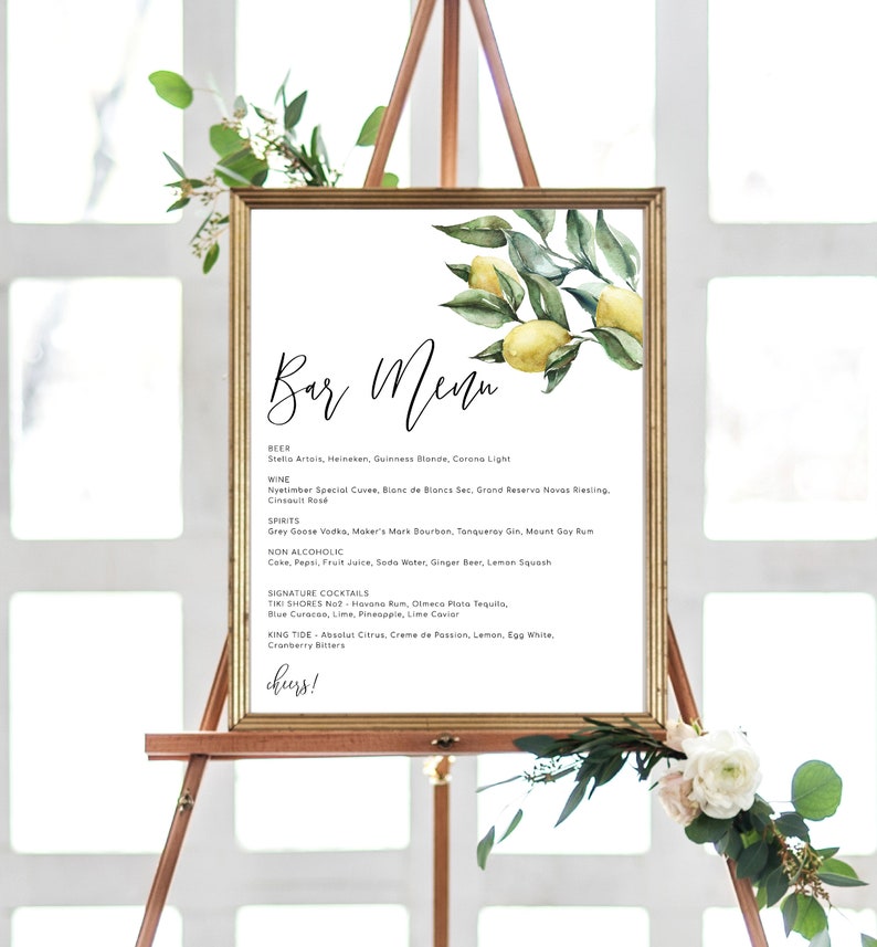 Printable Lemon Bar Menu Sign - Editable Wedding Bar Menu Sign - Printable Drinks Menu - Engagement Menu - Bridal Shower Bar Menu - Tuscan