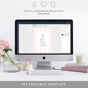 May include: Editable baby shower invitation template with a pink and white gingham pattern, a bunny illustration, and the text "Please join us for a baby shower honoring mommy-to-be" and "Eline Williams".