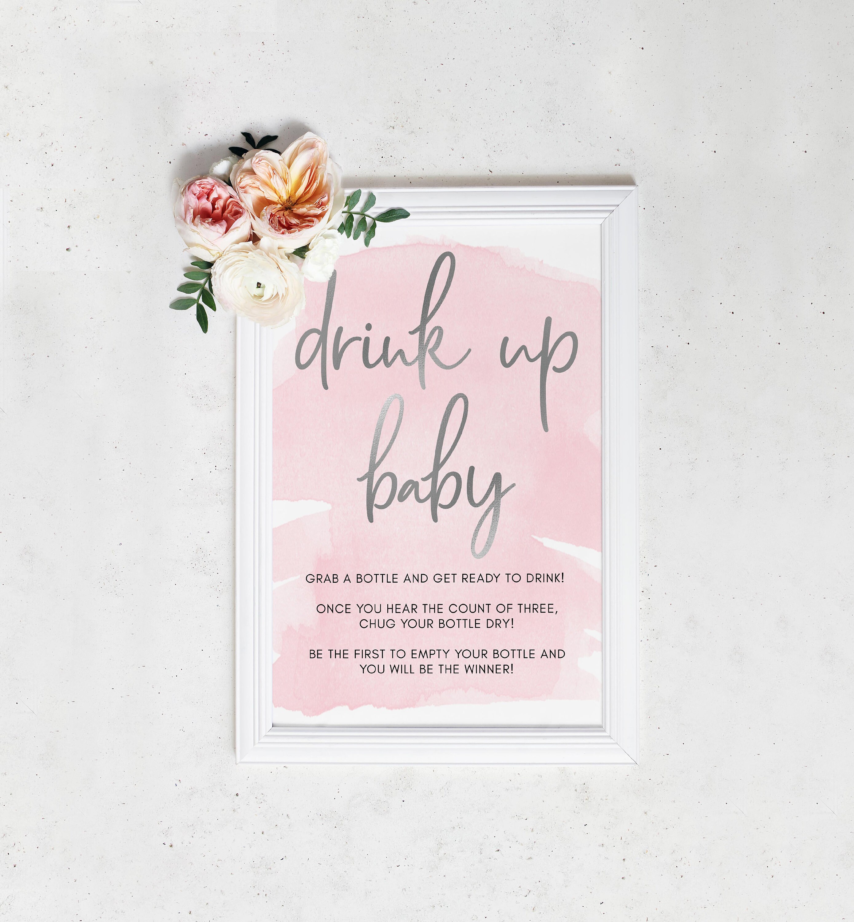 Drink up Baby Bottle Chugging Game Sign Pink Watercolour Etsy UK