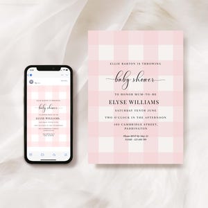 Invito per baby shower a quadretti rosa, invito digitale per smartphone (download digitale)